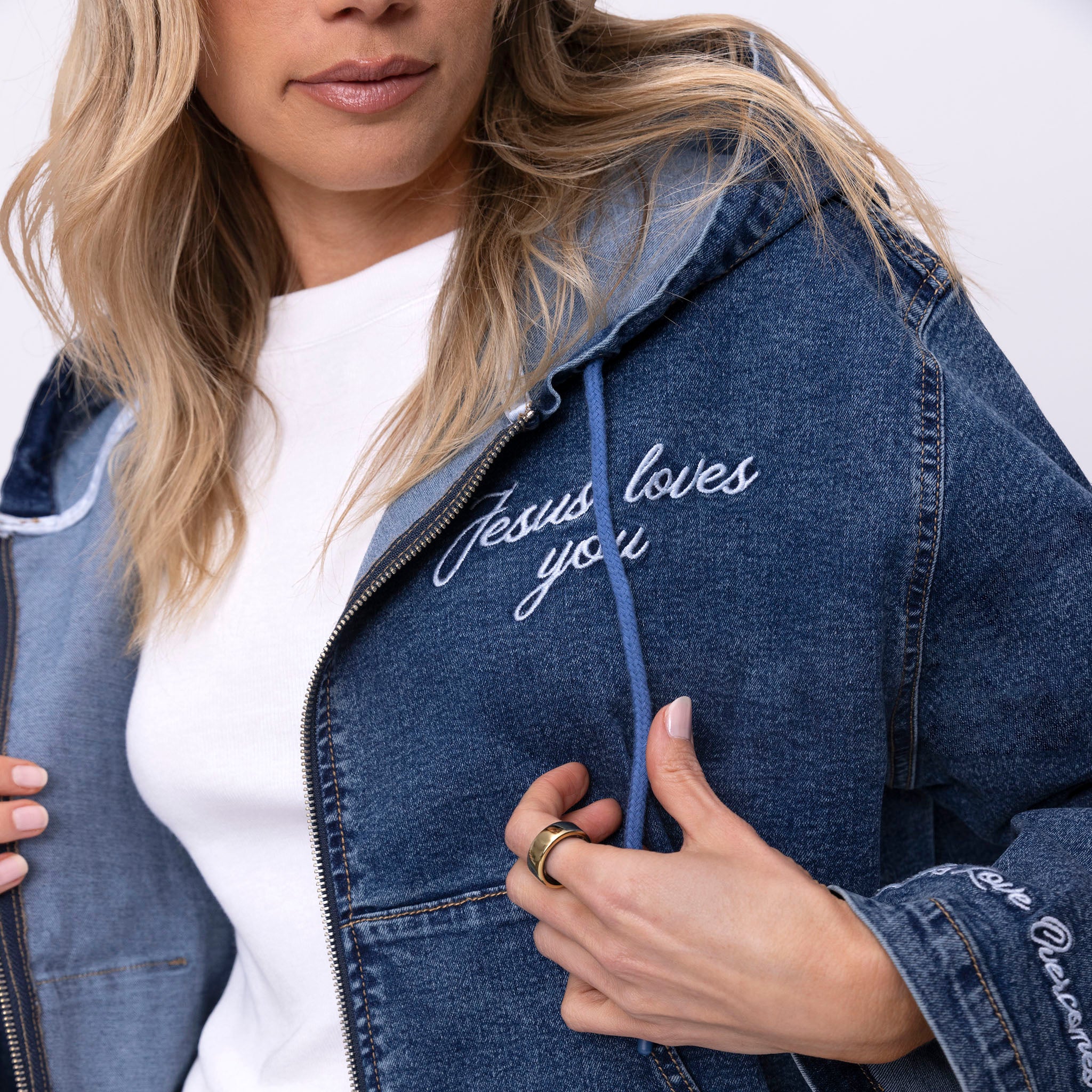 Vintage Washed Jesus Loves You Denim Hoodie - Image 5